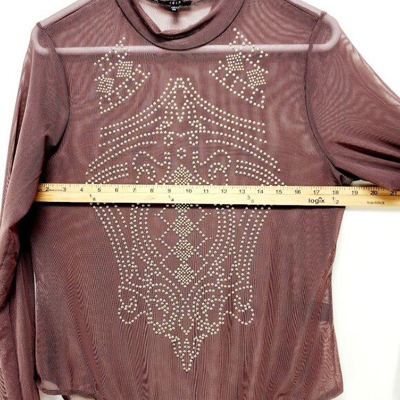 Sheer Burgundy Bodysuit Embellishments Long Sleeve Mock Neck Stretch Fit IRIS 3X - Picture 8 of 10